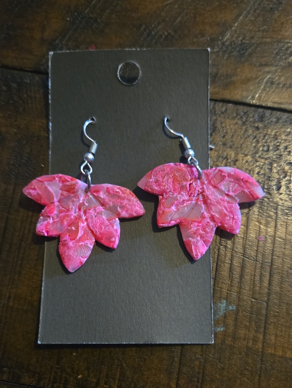 Handmade Pink Floral Leaf Drop Earrings